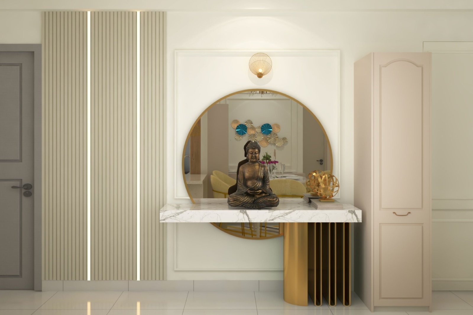 Contemporary White And Gold Foyer Design With Buddha Statue