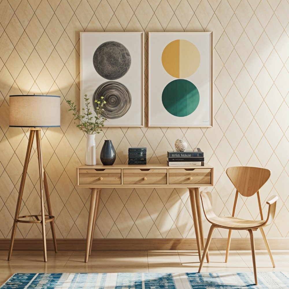 Mid Century Modern Beige Diamond Harlequin Wallpaper Design