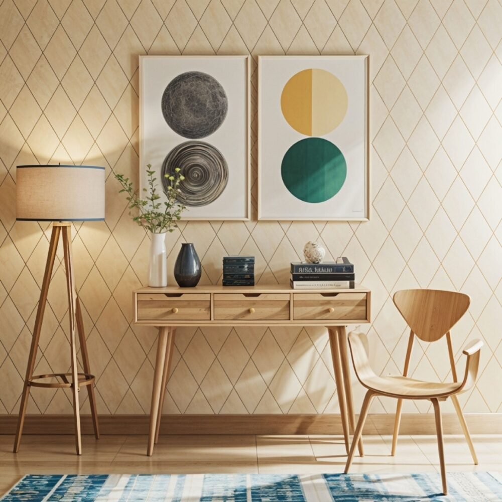 Mid-Century Foyer Design With Wooden Table and Chair