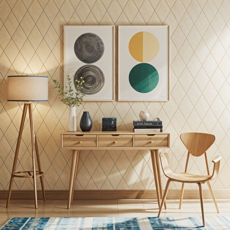 Mid-Century Foyer Design With Wooden Table and Chair