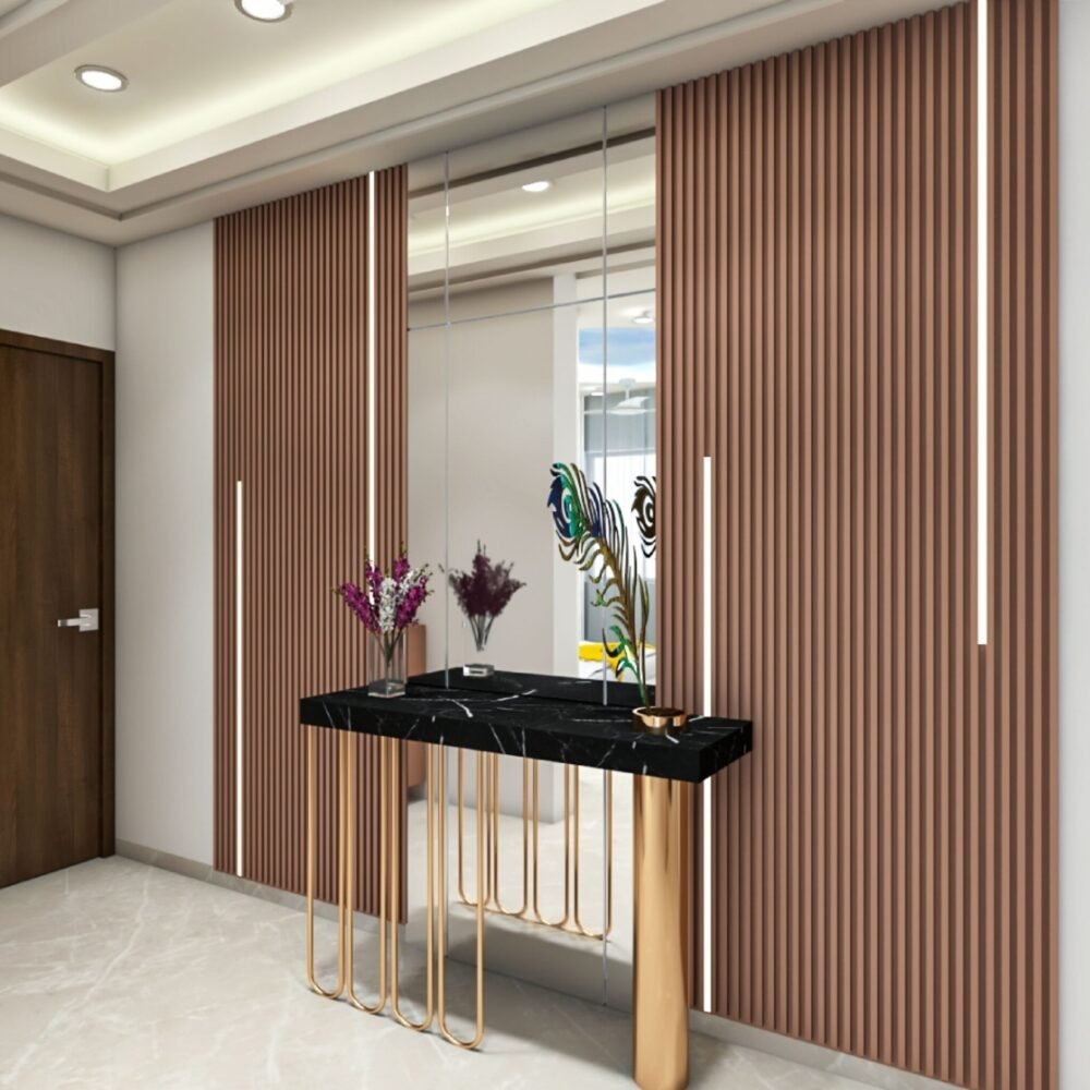 Contemporary Foyer Design with Marble Top Storage and Metal Legs