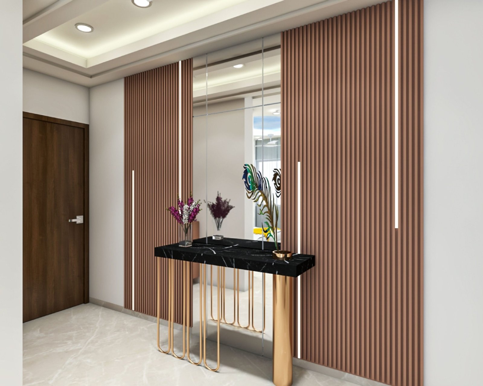 Contemporary Foyer Design with Marble Top Storage and Metal Legs