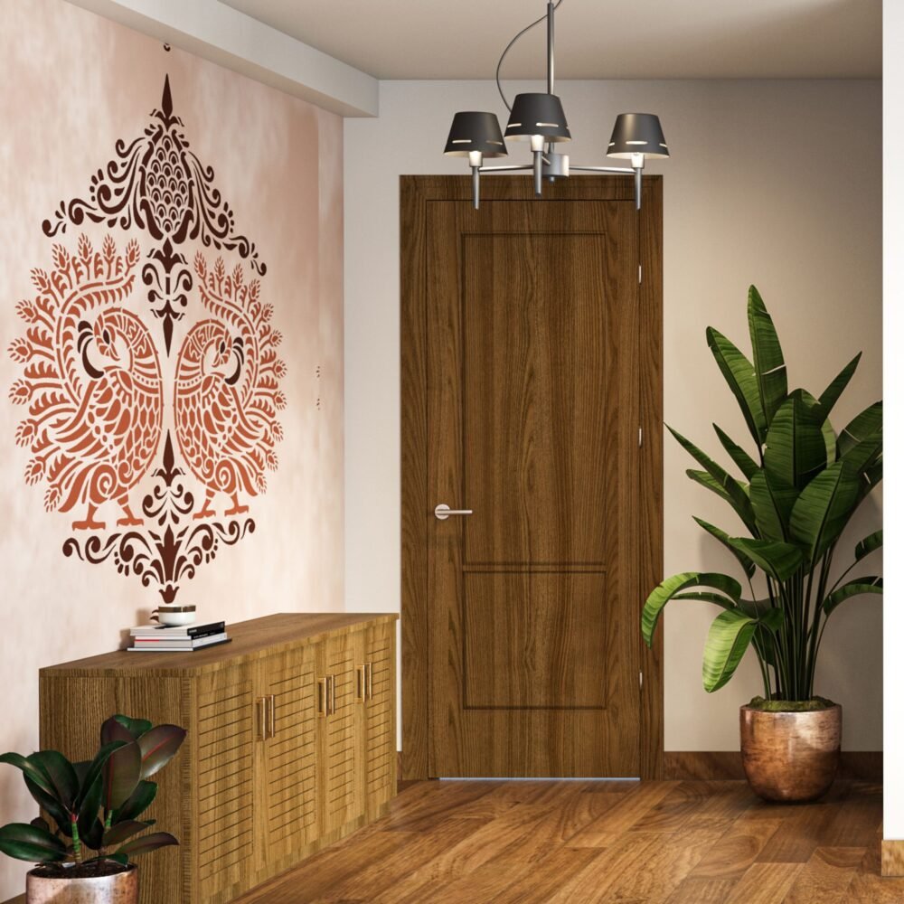 Traditional Indian Foyer Design with Wooden Storage and Wall Stencil