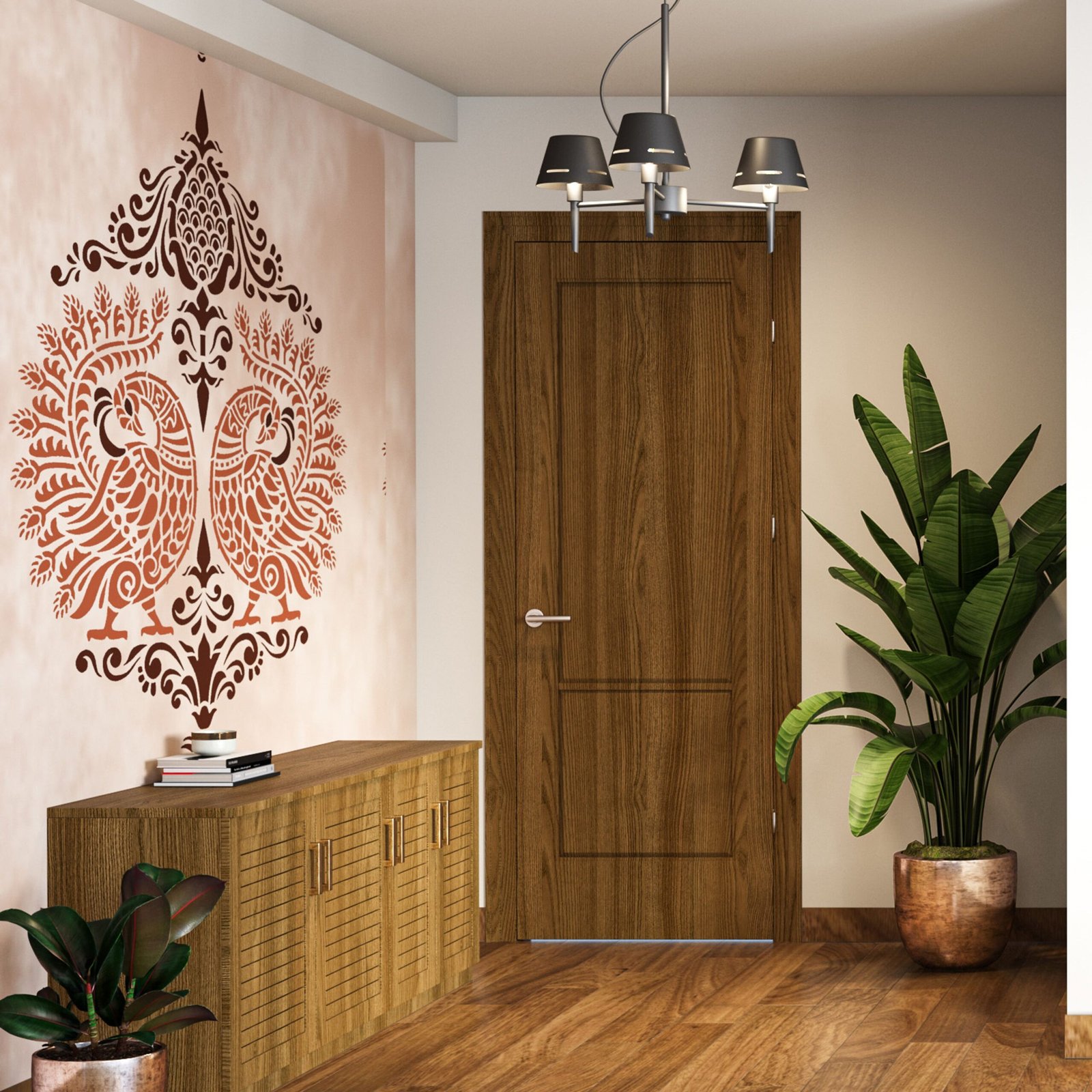 Traditional Indian Foyer Design with Wooden Storage and Wall Stencil