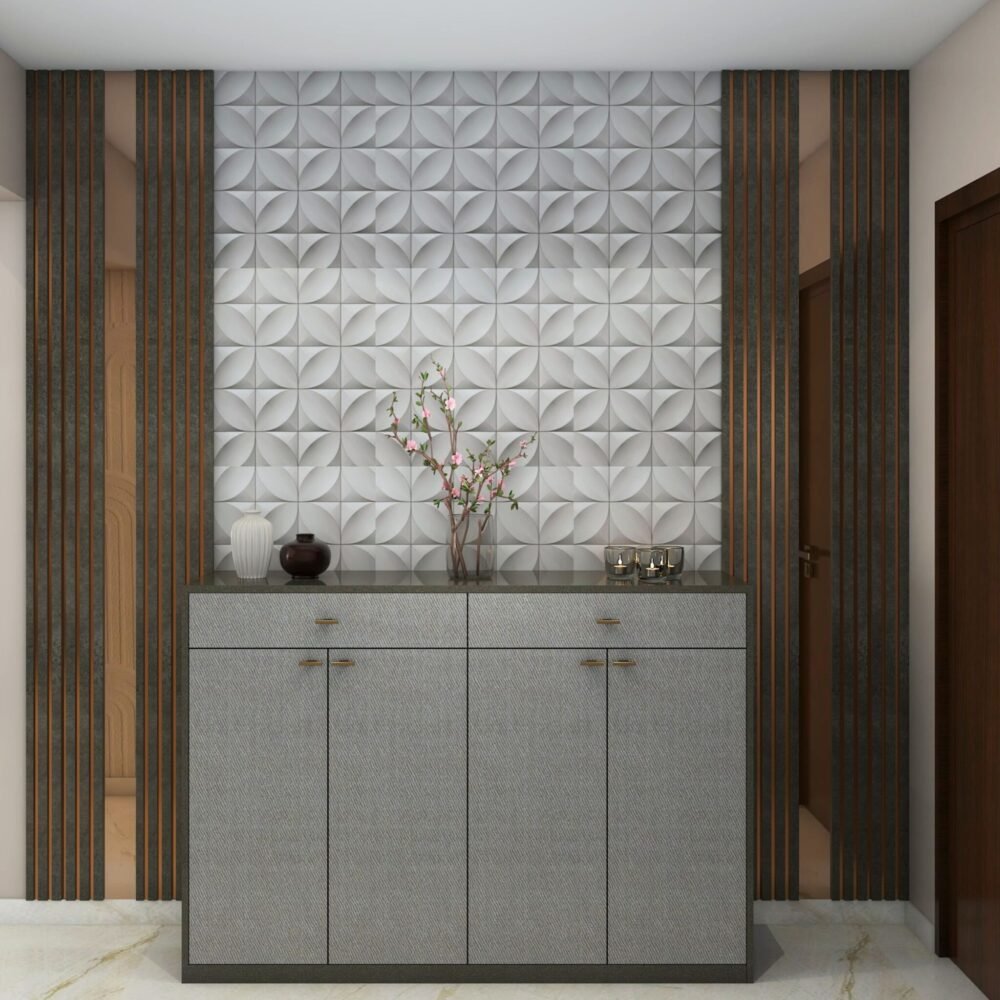 Modern Foyer Design with Fluted Panels and Textured Wallpaper