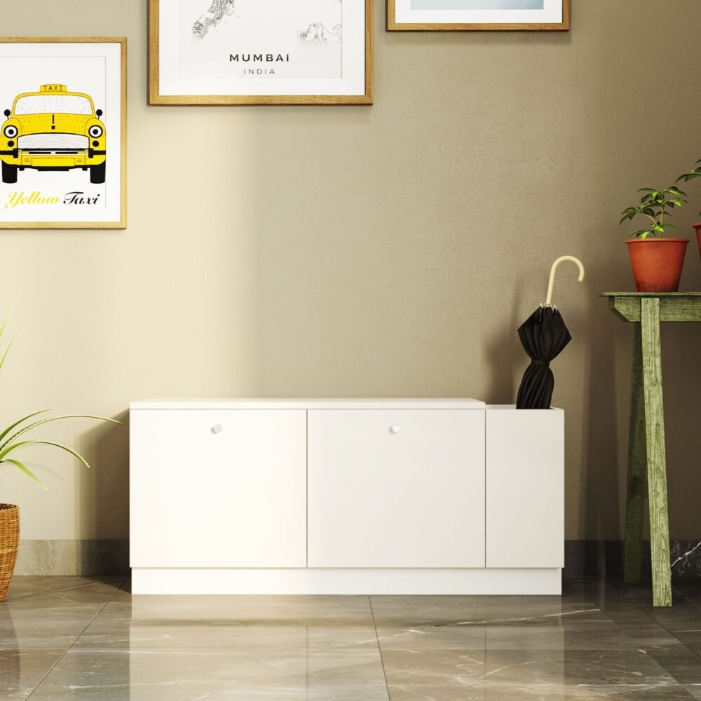 Modern White Foyer Design with Stylish Shoe Storage