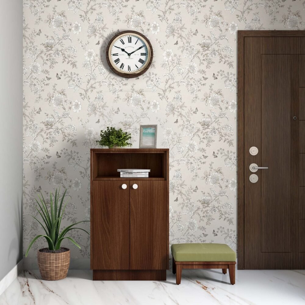 Modern Foyer Design with Floral Wallpaper and Green Footstool
