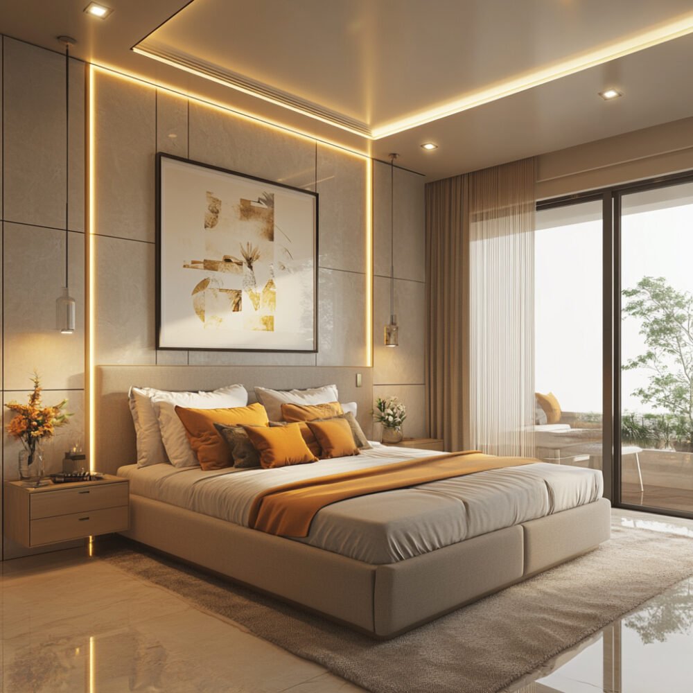 Modern Guest Bedroom Design with Queen Bed and Wooden Panels