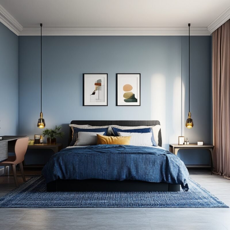 Contemporary Guest Room Design with King Bed and Blue Printed Walls