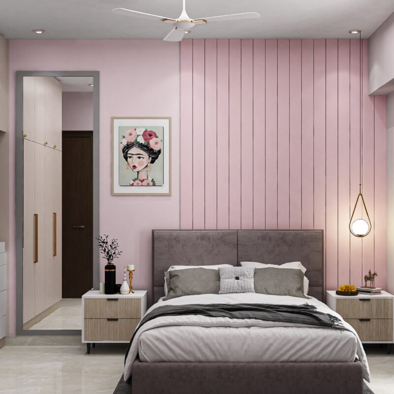 Contemporary Guest Bedroom Design with Vertical Wooden Slat Wall