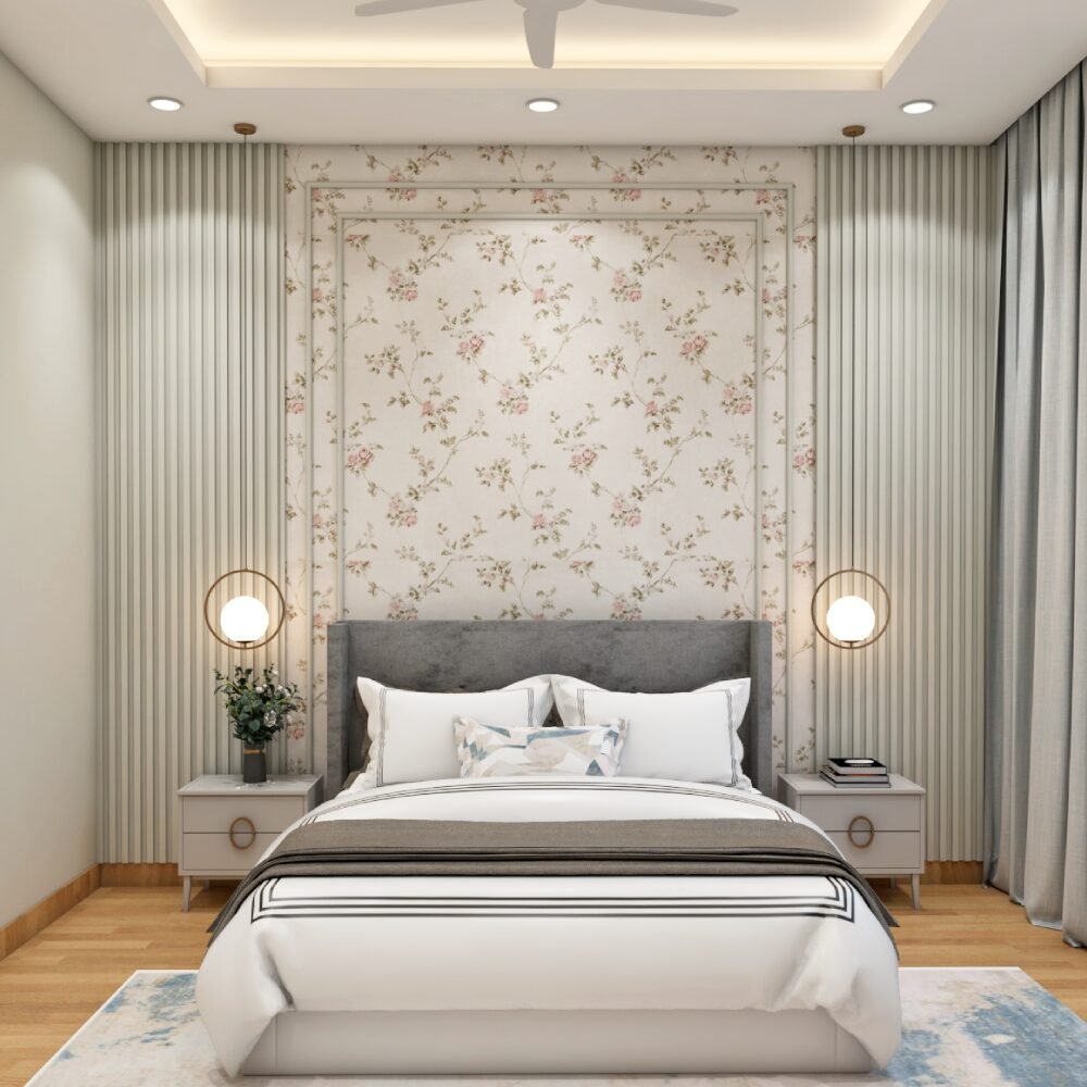 Contemporary Guest Bedroom Design with Grey Headboard Queen Bed