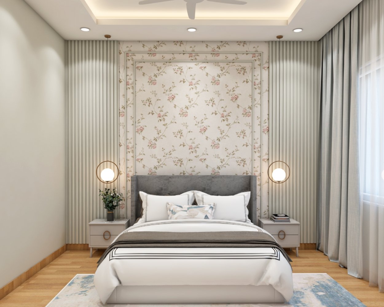 Contemporary Guest Bedroom Design with Grey Headboard Queen Bed