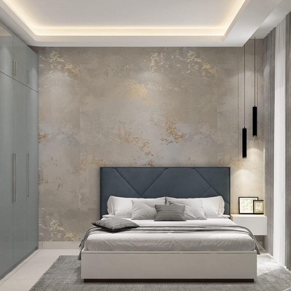 Modern Guest Bedroom Design with Textured Wall and Wardrobe