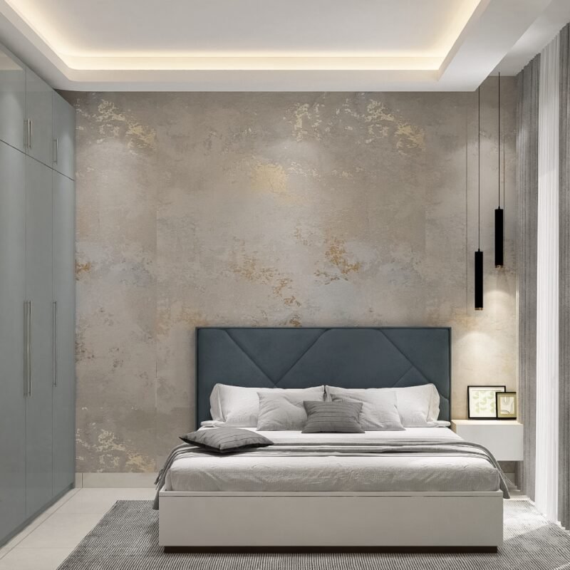 Modern Guest Bedroom Design with Textured Wall and Wardrobe