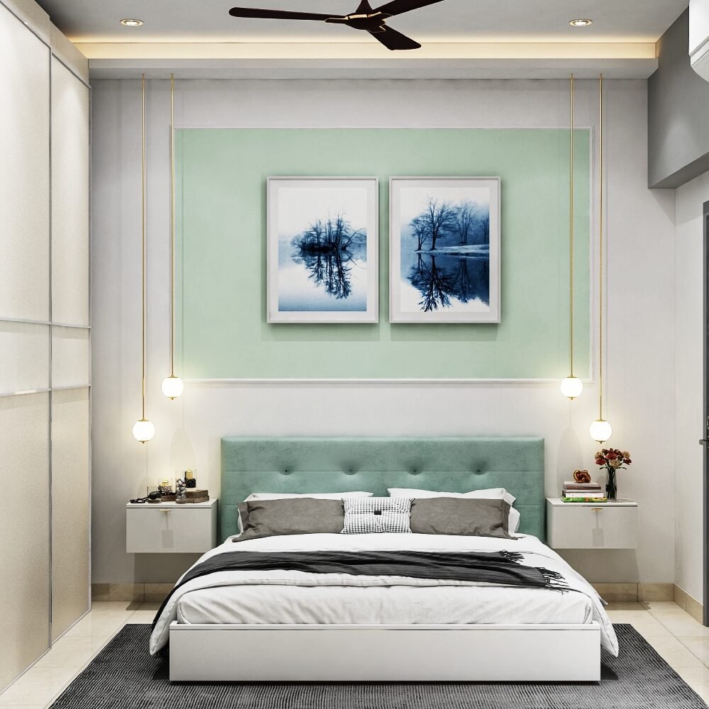 Modern Guest Bedroom Design with Queen Bed and Pastel Green Accents