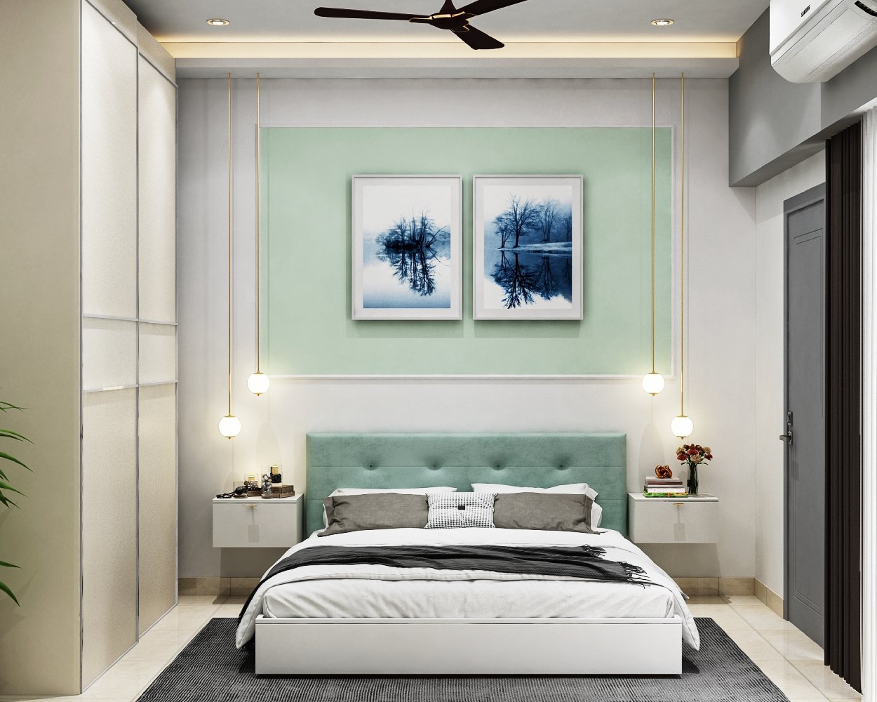 Modern Guest Bedroom Design with Queen Bed and Pastel Green Accents