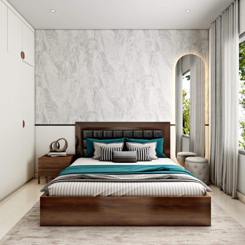 Mid-Century Modern Guest Bedroom Design with Grey Upholstered Bed