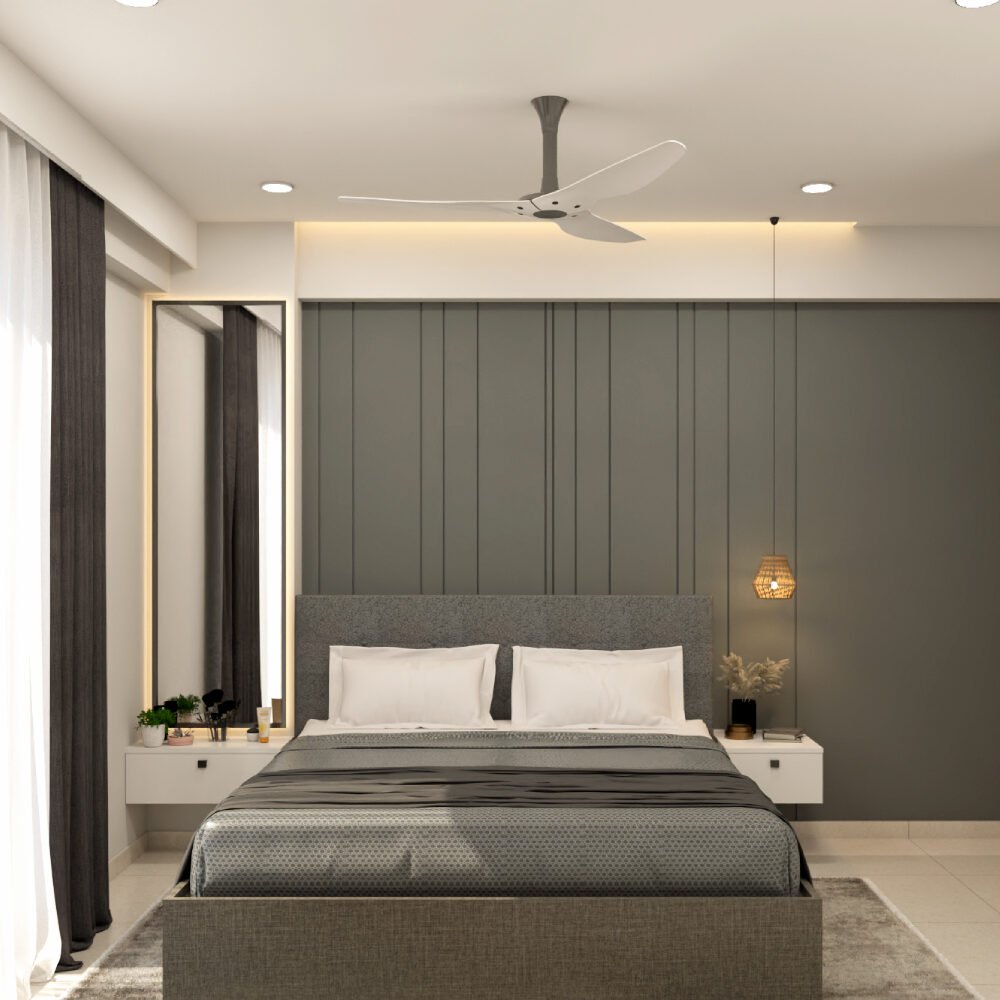 Modern Guest Bedroom Design with Grey Bed and Dark Grey Wall Panels