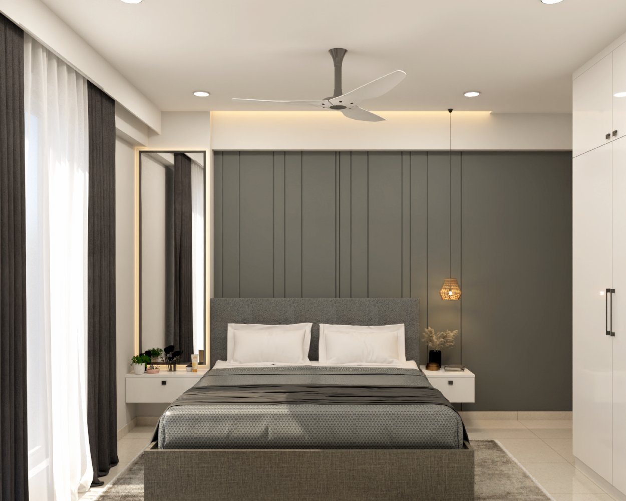 Modern Guest Bedroom Design with Grey Bed and Dark Grey Wall Panels