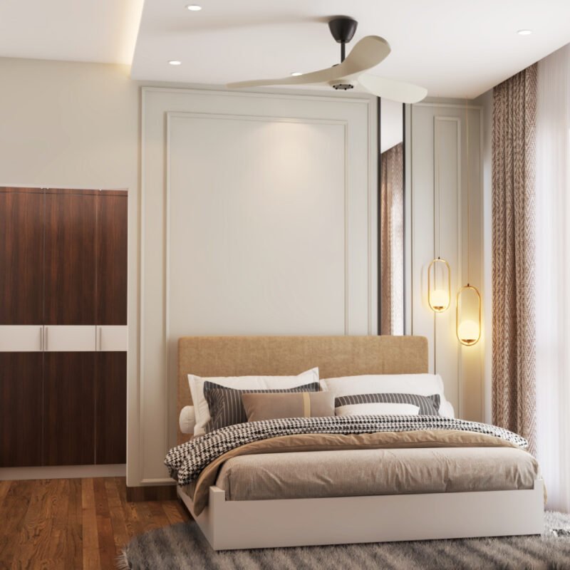 Modern Guest Bedroom Design with Queen Bed, Grey Wall and Wardrobe