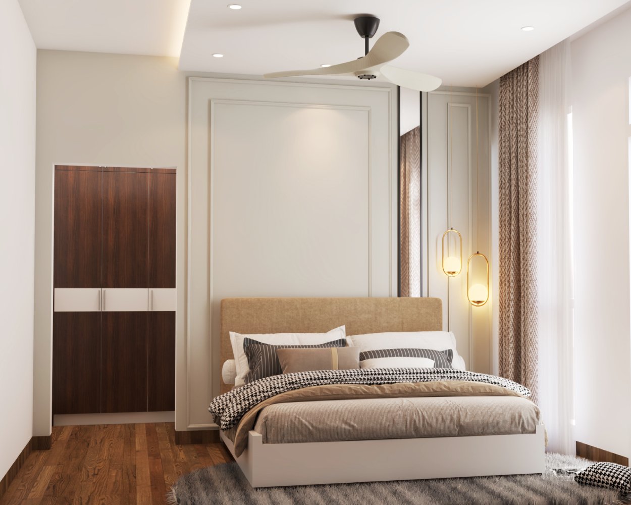 Modern Guest Bedroom Design with Queen Bed, Grey Wall and Wardrobe