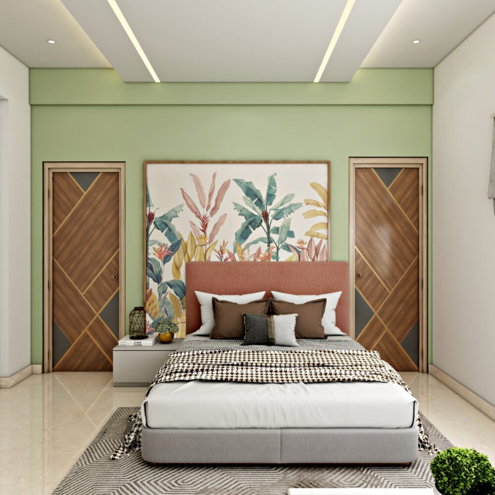 Modern Guest Bedroom Design with Green Wallpapered Wall