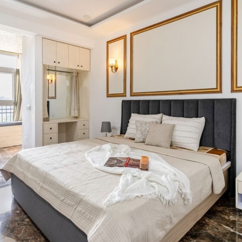 Contemporary 3BHK Flat Design with Stylish Master Bedroom and Striking Living Room