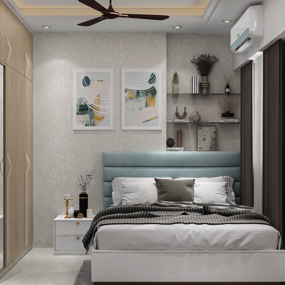 Modern Guest Bedroom Design with Queen Bed and Grey Leafy Wallpaper
