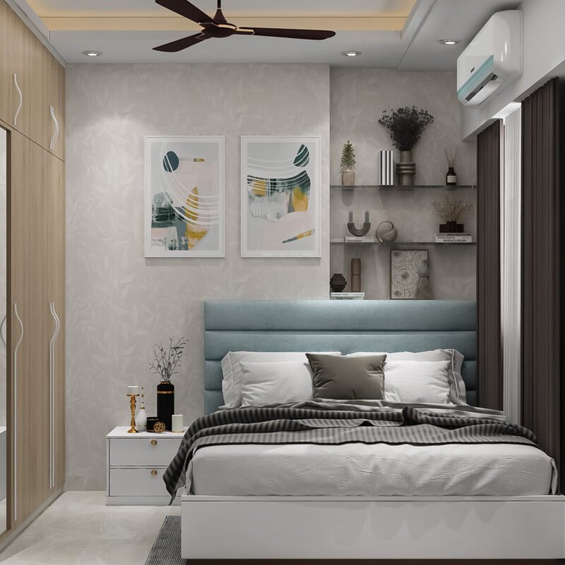 Modern Guest Bedroom Design with Queen Bed and Grey Leafy Wallpaper