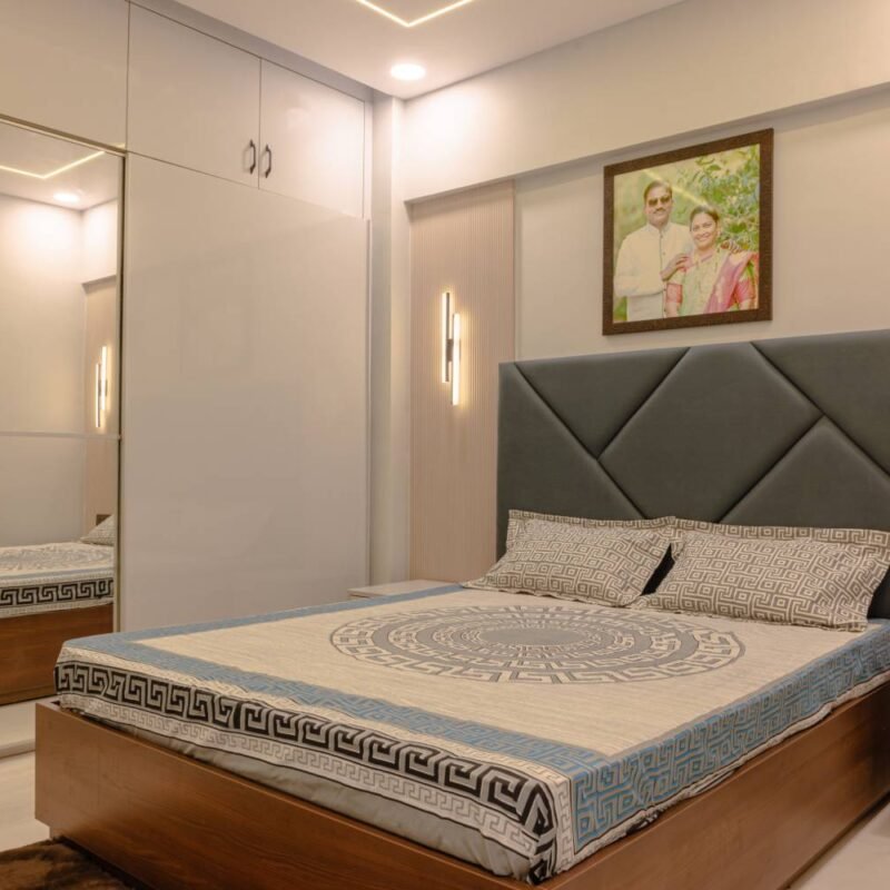 Contemporary Guest Bedroom Design With Cream Fluted Wall Panel