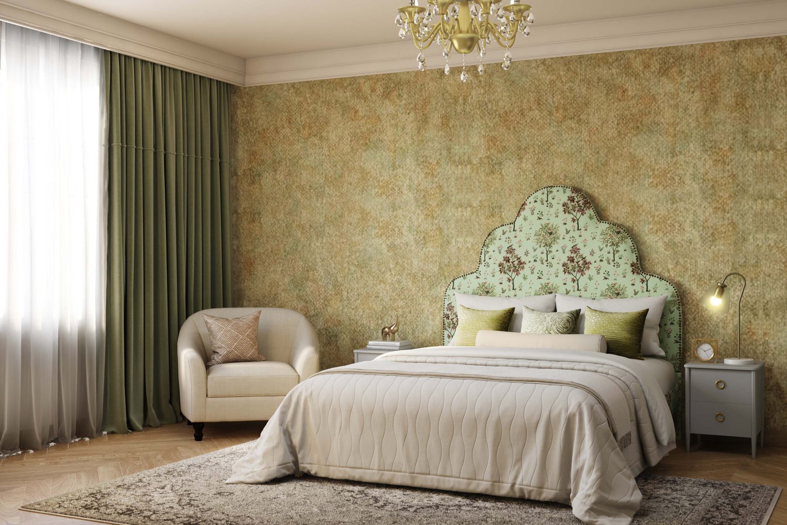 Sage and Cream Transitional Guest Bedroom Design with Vintage Floral Charm
