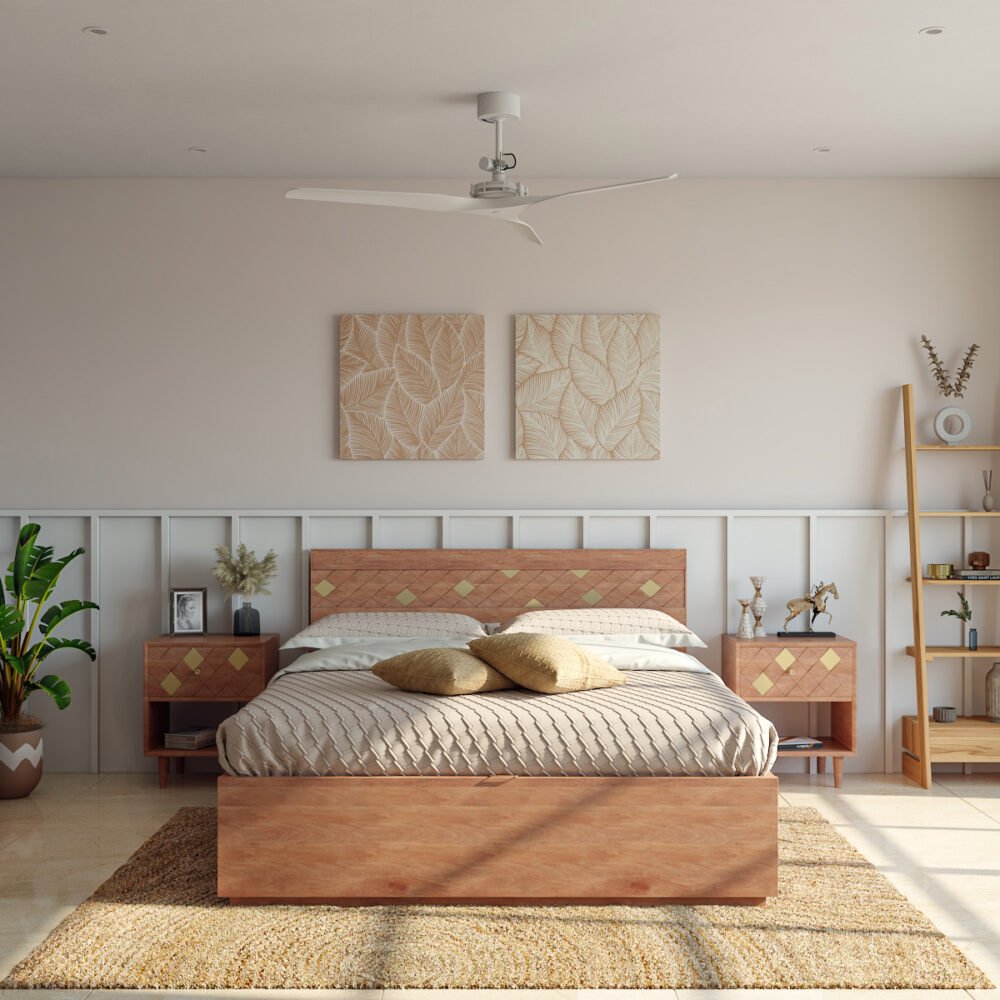 Bohemian Guest Bedroom Design with Canopy Bed and Rattan Furniture