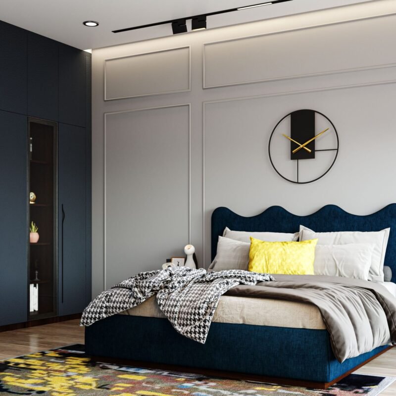 Contemporary Guest Bedroom Design with Scalloped Bed and Nightstands