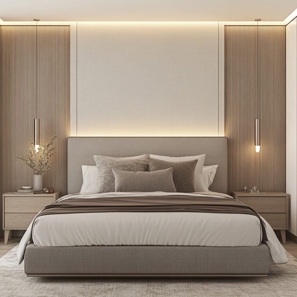 Minimal Guest Bedroom Design with Wood Paneling and Beige Queen Bed