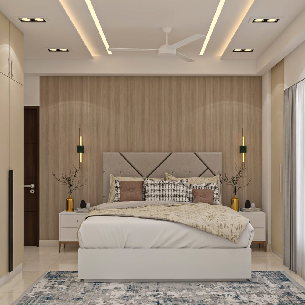 Modern Guest Bedroom Design with Beige Wardrobe with Loft Storage