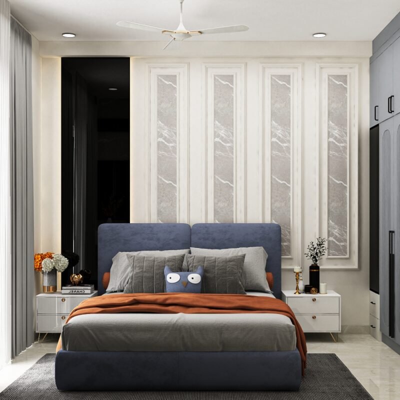 Modern Guest Bedroom Design with Navy Velvet Bed and Marble Paneling