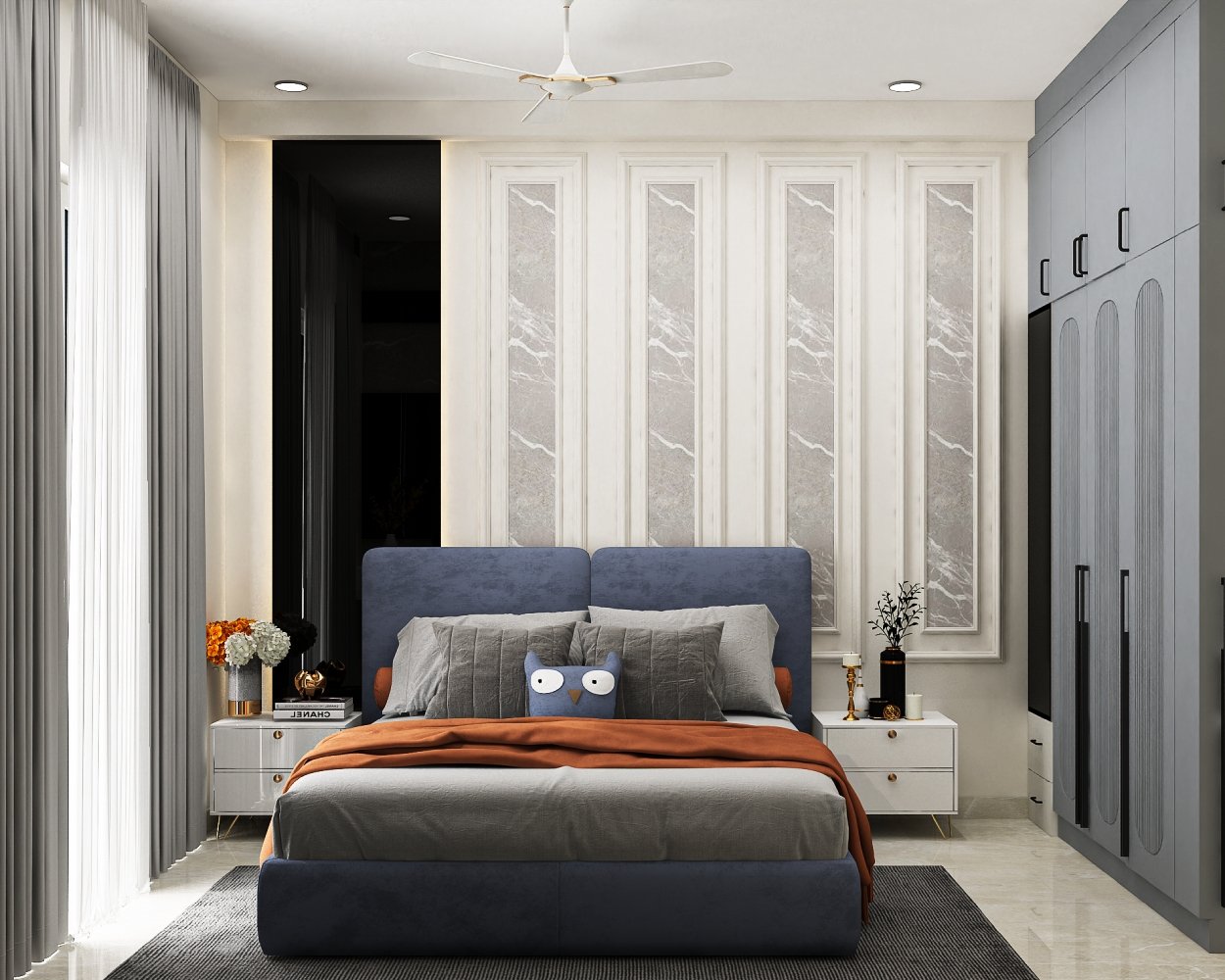 Modern Guest Bedroom Design with Navy Velvet Bed and Marble Paneling