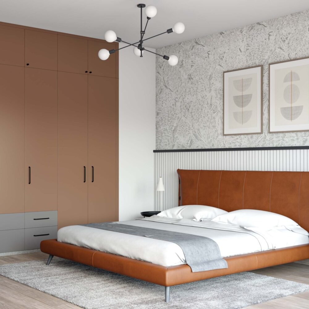 Contemporary Guest Bedroom Design with Tan Leather Bed