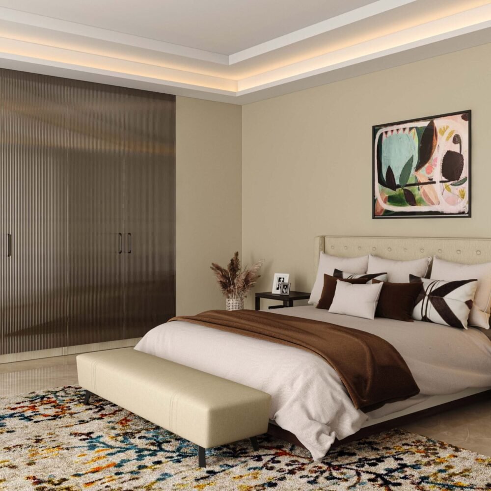 Modern Guest Bedroom Design with Plush Upholstered Bed and Beige Bench