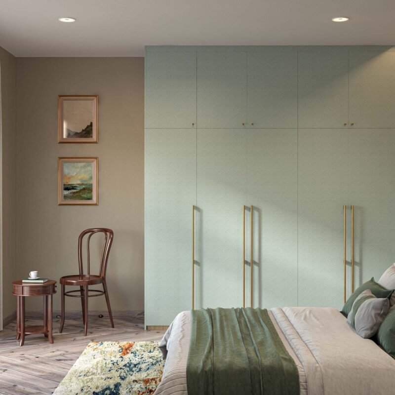 Contemporary Guest Bedroom Design with Soft Greens and Wooden Accents