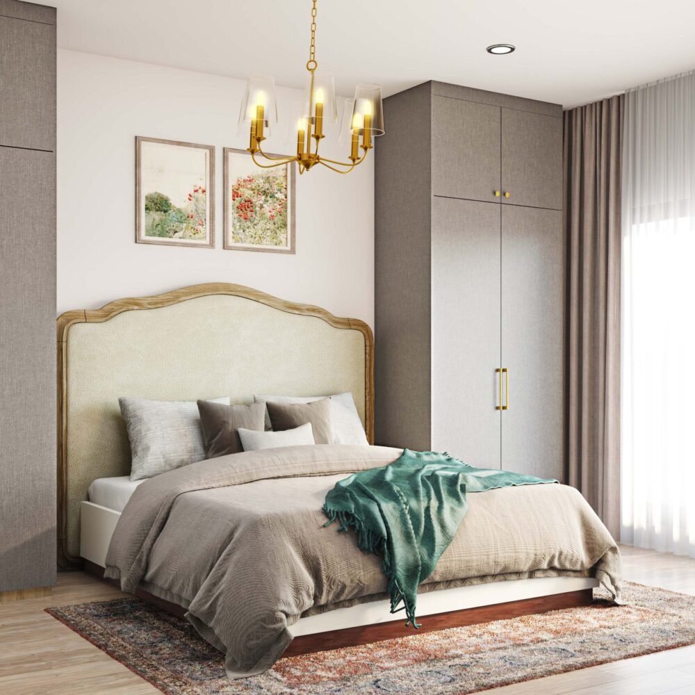 Transitional Guest Bedroom Design with Upholstered Bed and Chandelier Lighting