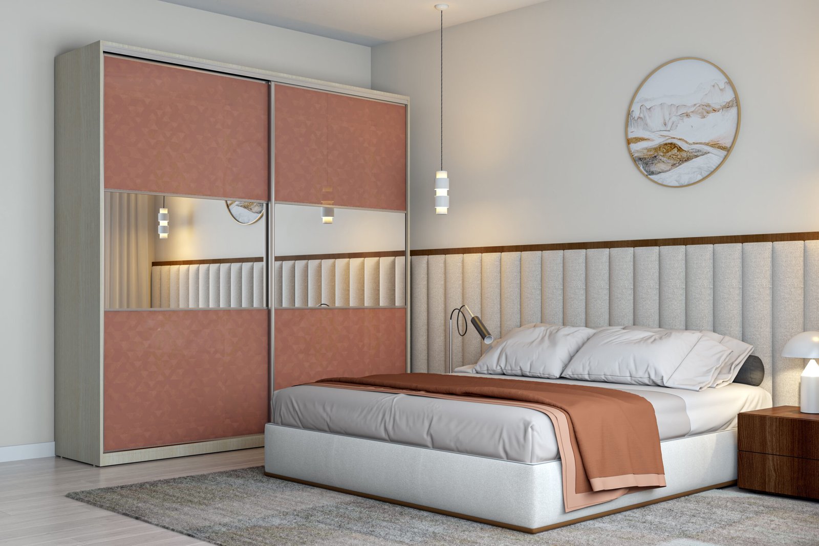 Modern Guest Bedroom Design with Upholstered Bed and Sliding Wardrobe