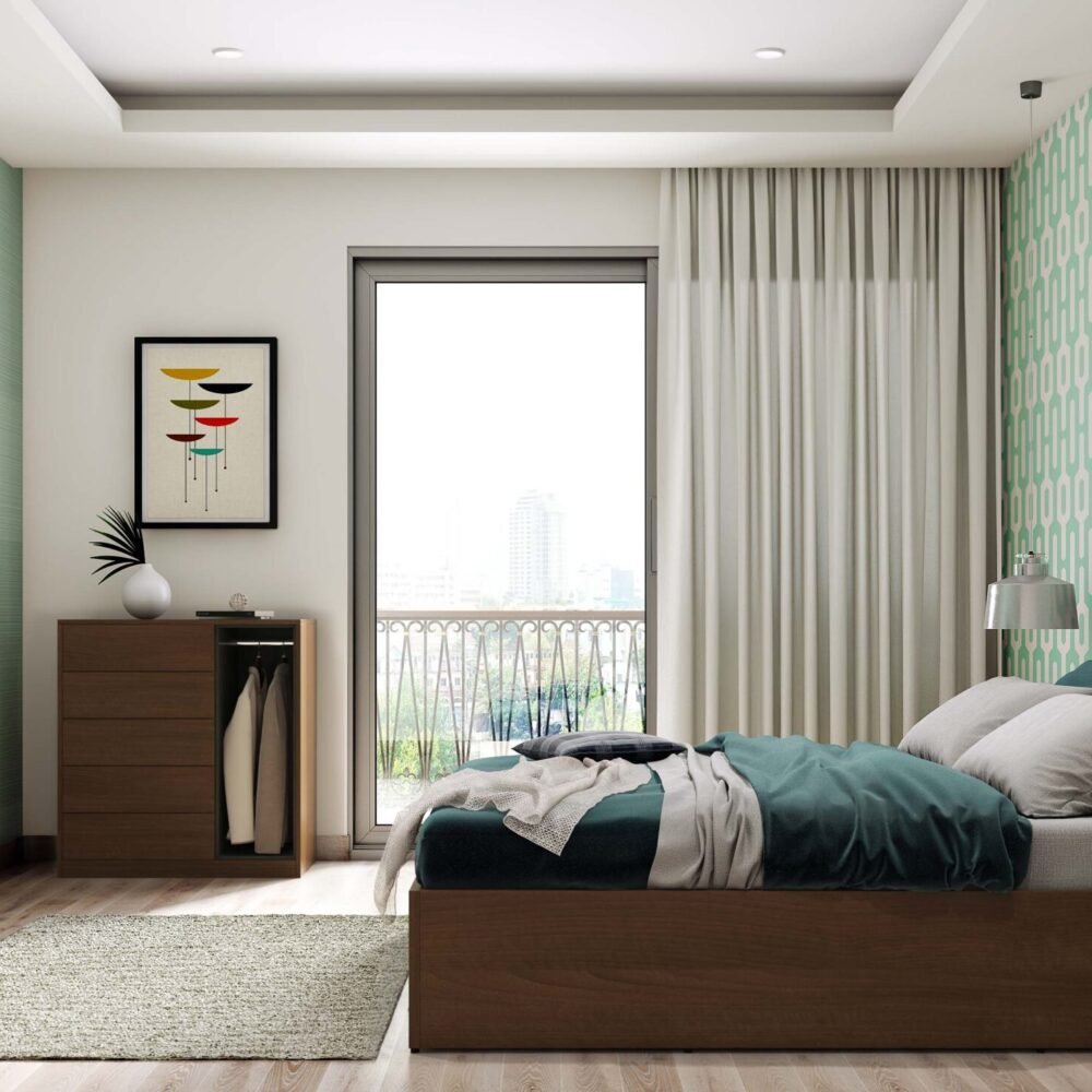 Textured Wall Modern Guest Bedroom Design With Queen Bed