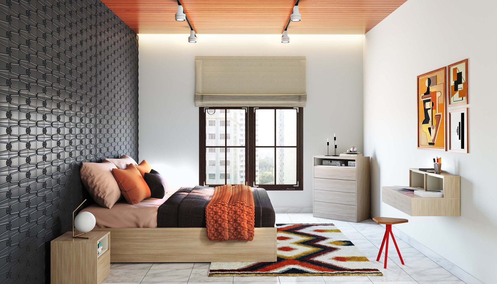 Contemporary Guest Bedroom Design With Queen Bed and 3D Texture Wall