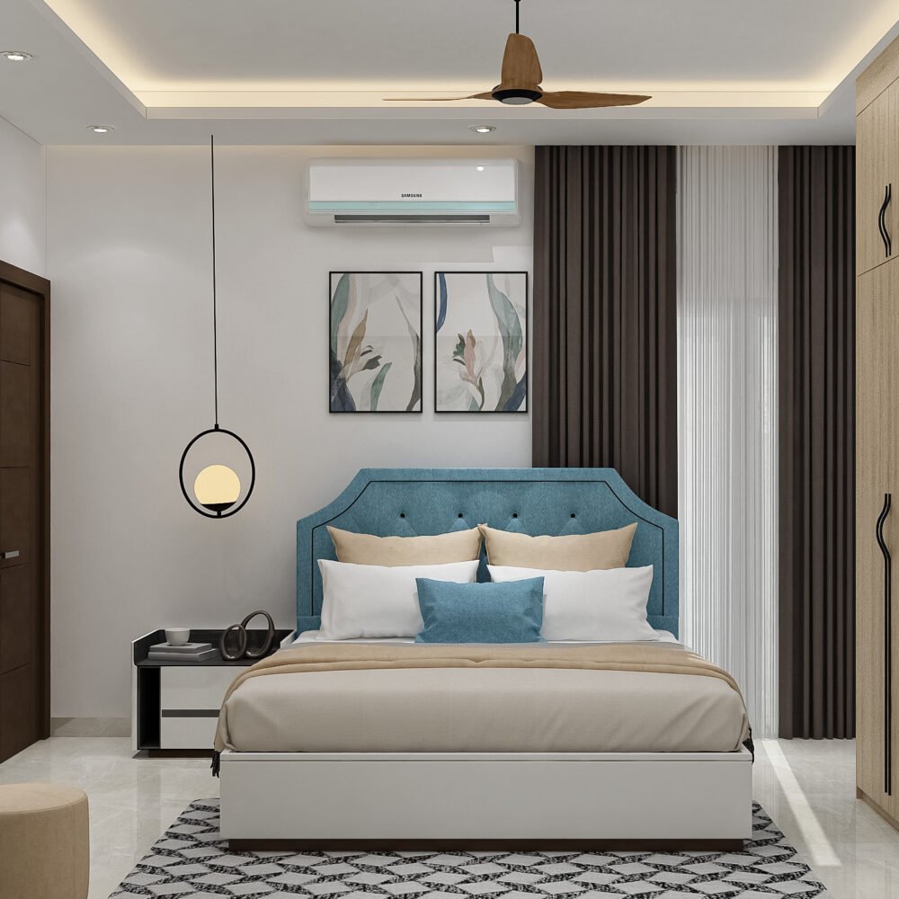 Contemporary Guest Bedroom Design with Queen Bed, Storage, and Lighting