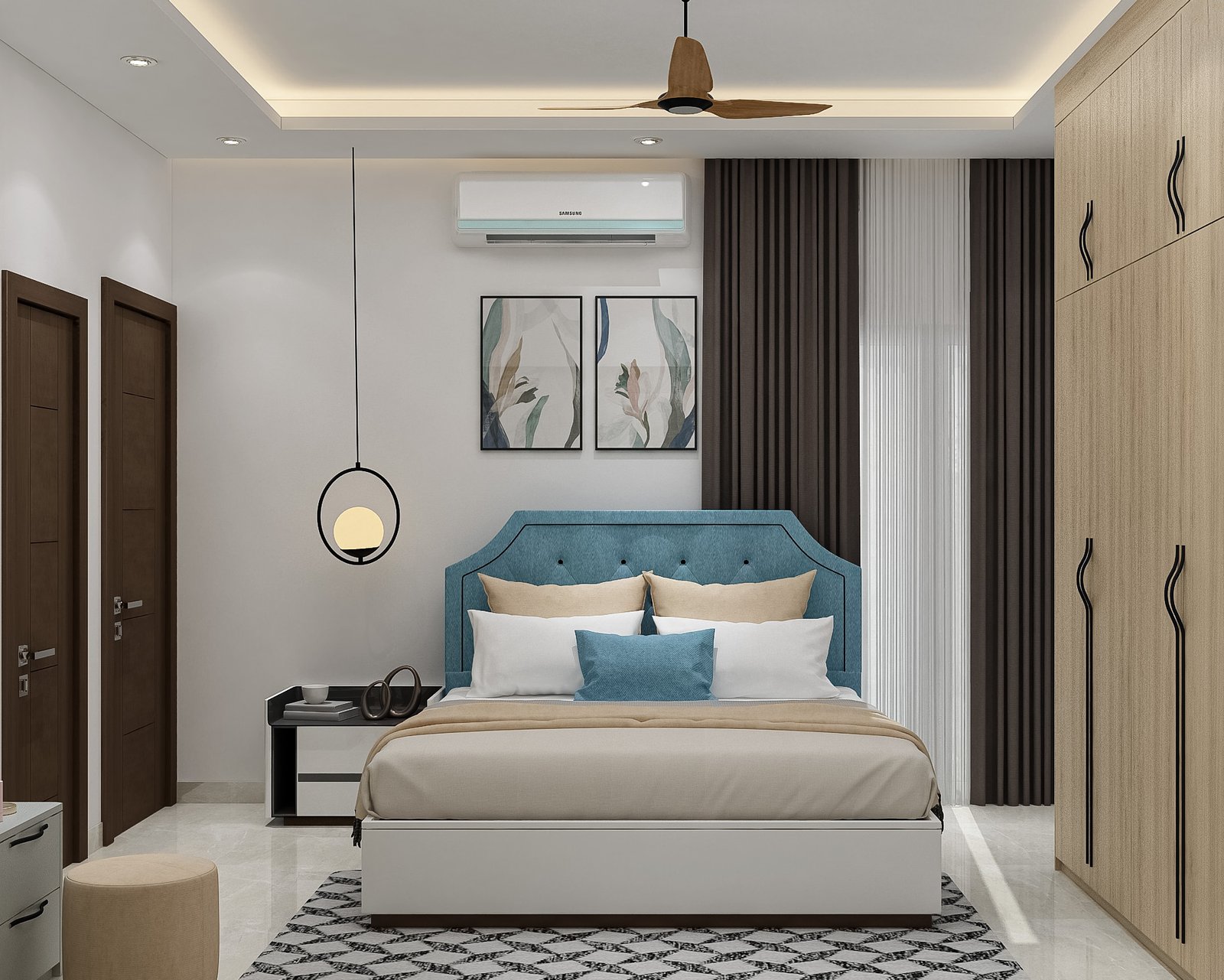 Contemporary Guest Bedroom Design with Queen Bed, Storage, and Lighting