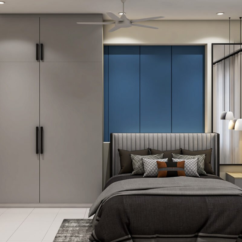 Modern Guest Bedroom Design with Queen Bed and Blue Wall Panels