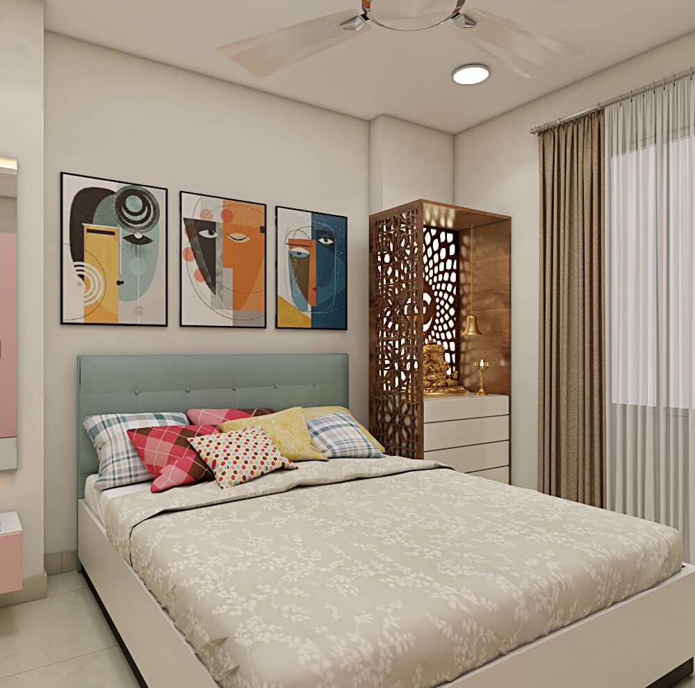 Modern Guest Bedroom Design with Queen Bed and Pink Wardrobe
