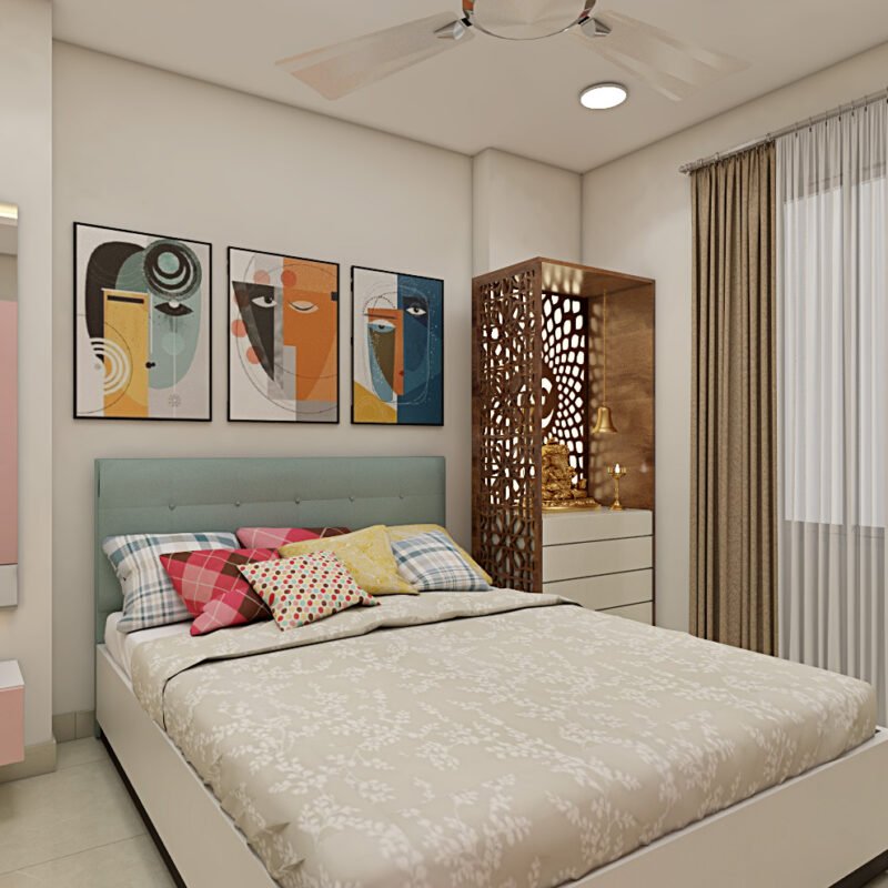 Modern Guest Bedroom Design with Queen Bed and Pink Wardrobe