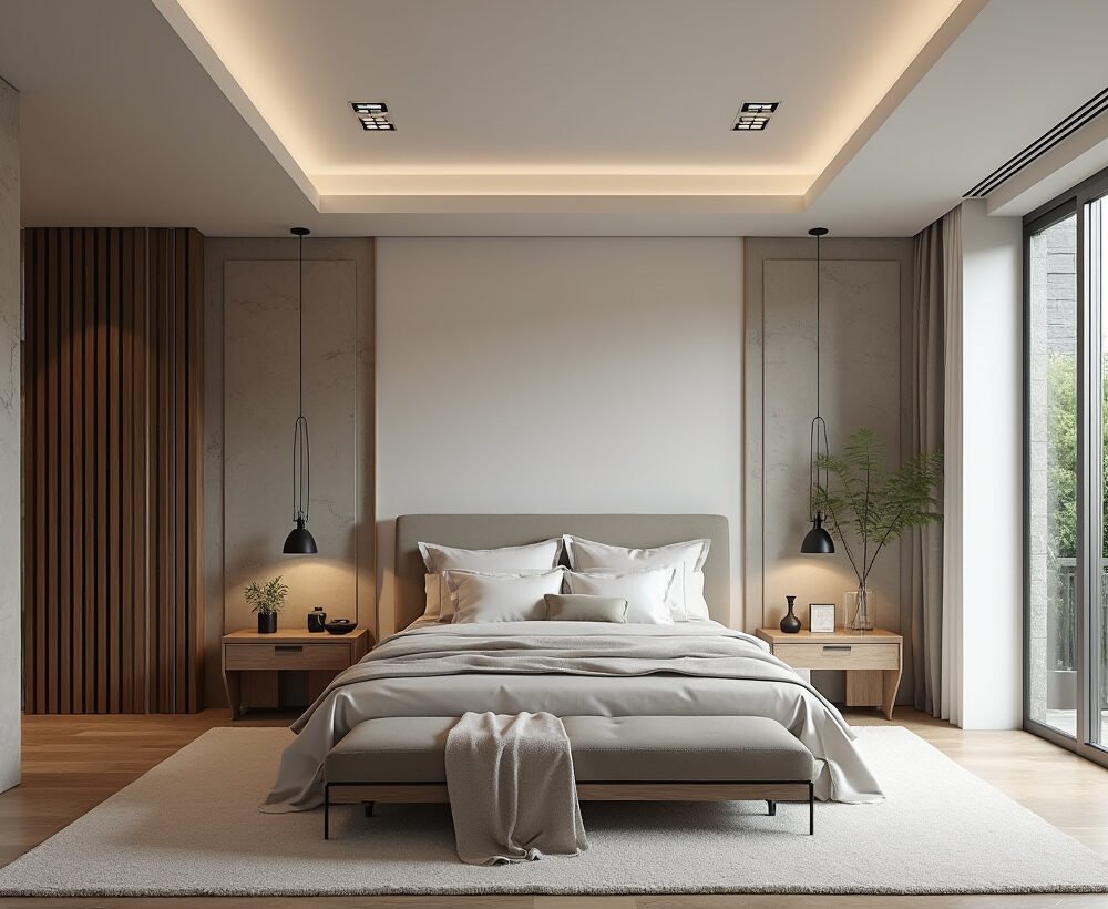 Modern Guest Bedroom Design with Wooden Side Table and Beige Wall